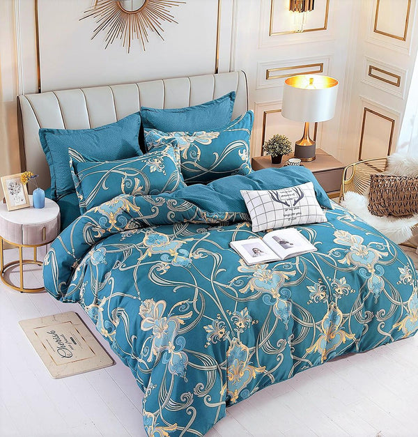 Lenjerii Bumbac Finet Satinat Pat Dublu Albastru Model Oriental BFJ229