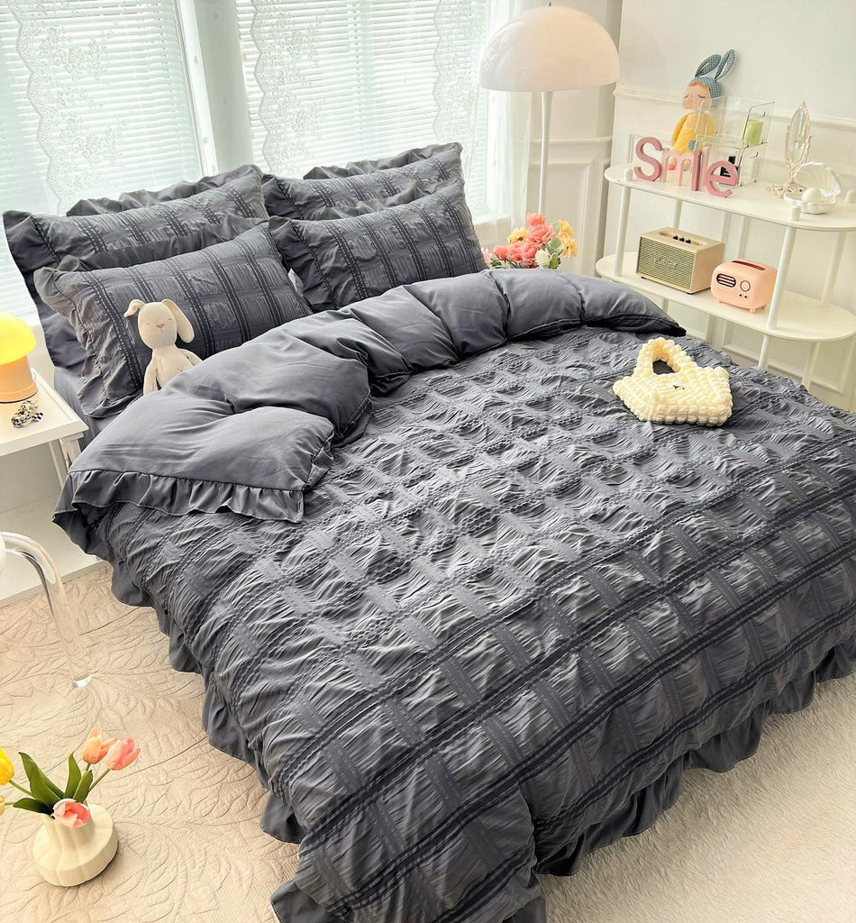 Lenjerii Bumbac Creponat Uni Pat Dublu Gri Inchis BFJ608