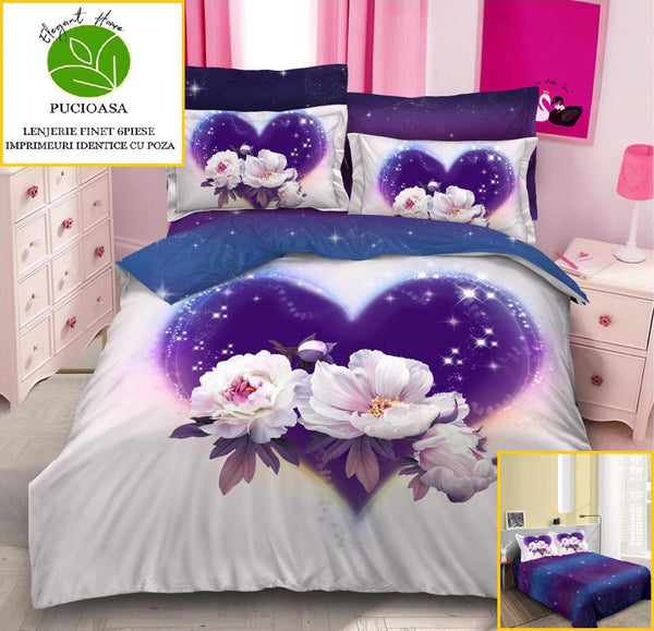 Lenjerii Bumbac Finet Digital Print Pucioasa Alb Mov Floral BFP24