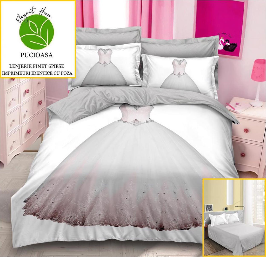 Lenjerii Bumbac Finet Digital Print Pucioasa Alb Rochie Mireasa BFP30