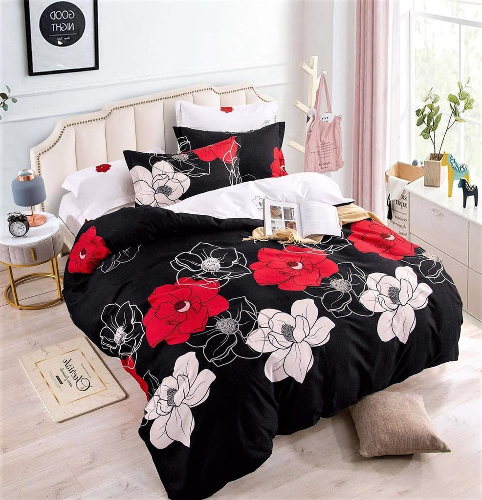 Lenjerii Bumbac Finet Satinat Pat Dublu Negru Floral BFJ207