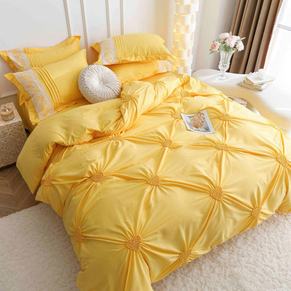 Lenjerii Bumbac Finet Luxury Inimi Brodate Pat Dublu Galbene BFJ813