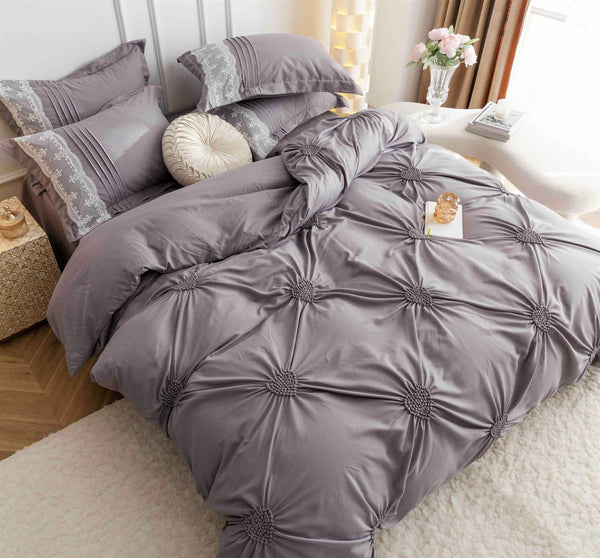 Lenjerii Bumbac Finet Luxury Inimi Brodate Pat Dublu Gri BFJ805