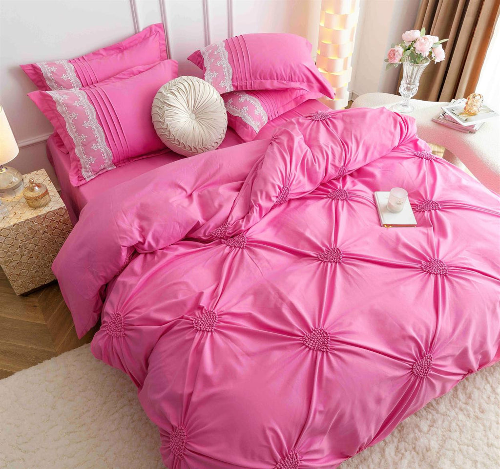 Lenjerii Bumbac Finet Luxury Inimi Brodate Pat Dublu Roz  BFJ812