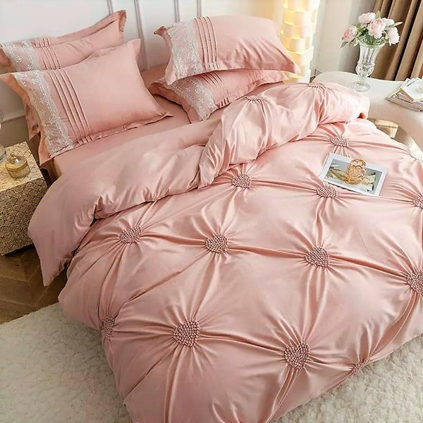 Lenjerii Bumbac Finet Luxury Inimi Brodate Pat Dublu Roz Corai BFJ800