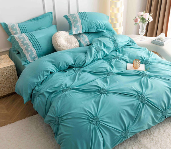 Lenjerii Bumbac Finet Luxury Inimi Brodate Pat Dublu Turcoaz BFJ802