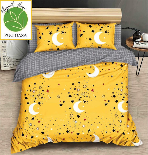 Lenjerii 1+1 Gratis Bumbac Satinat Pucioasa Galbene Semiluna si Stele L576