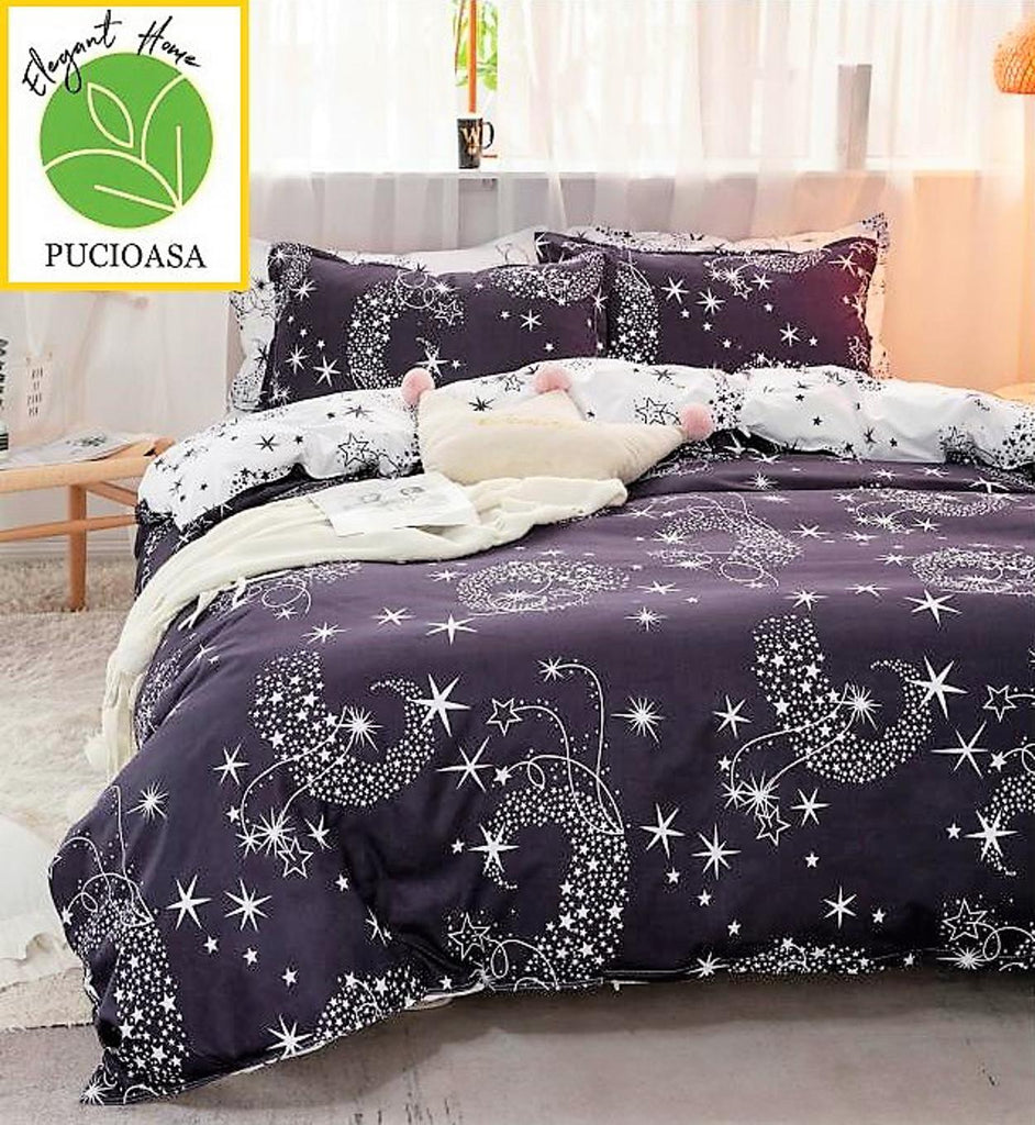 Lenjerii 1+1 Gratis Bumbac Satinat Pucioasa Mov Stelute L527