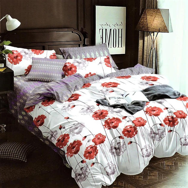 Lenjerii 1+1 Gratis Bumbac Satinat Superior Pat Dublu Alb Rosu Flori LY550