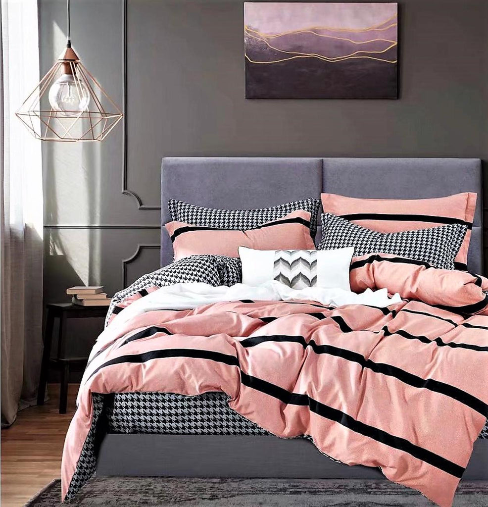 Lenjerii 1+1 Gratis Bumbac Satinat Pucioasa Roz Dungi Negre L474