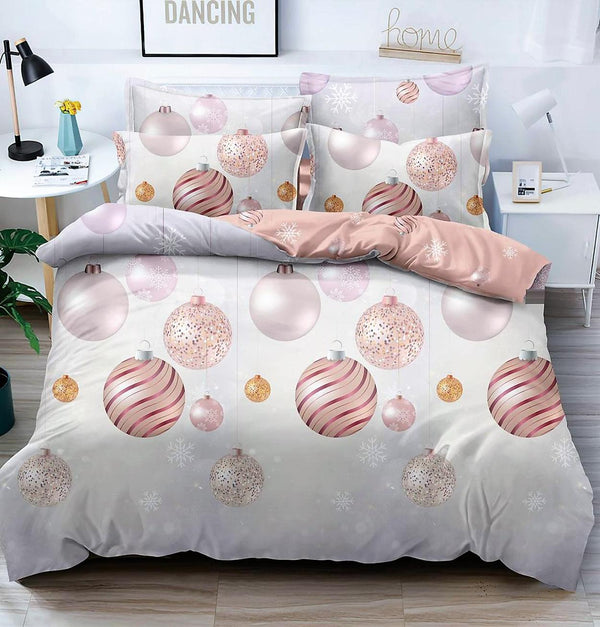 Lenjerii Bumbac Finet Pat Dublu Craciun Albe Roz Globuri BCJ100