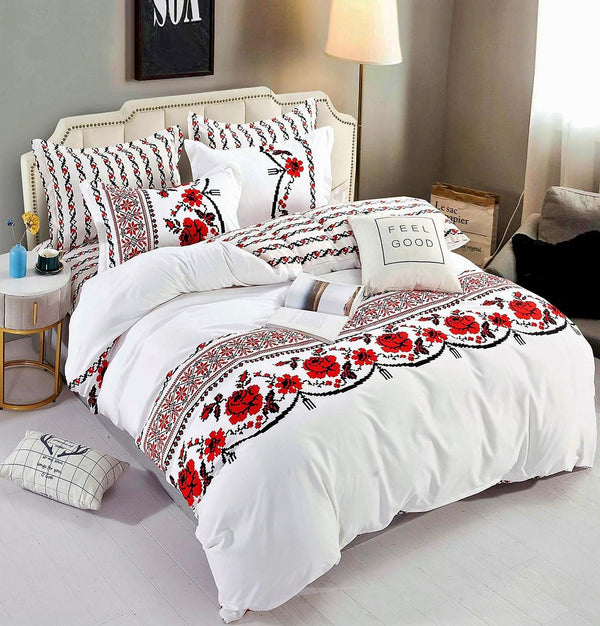 Lenjerie cu Elastic Bumbac Finet Alb Rosu Motive Traditionale BFEJ67