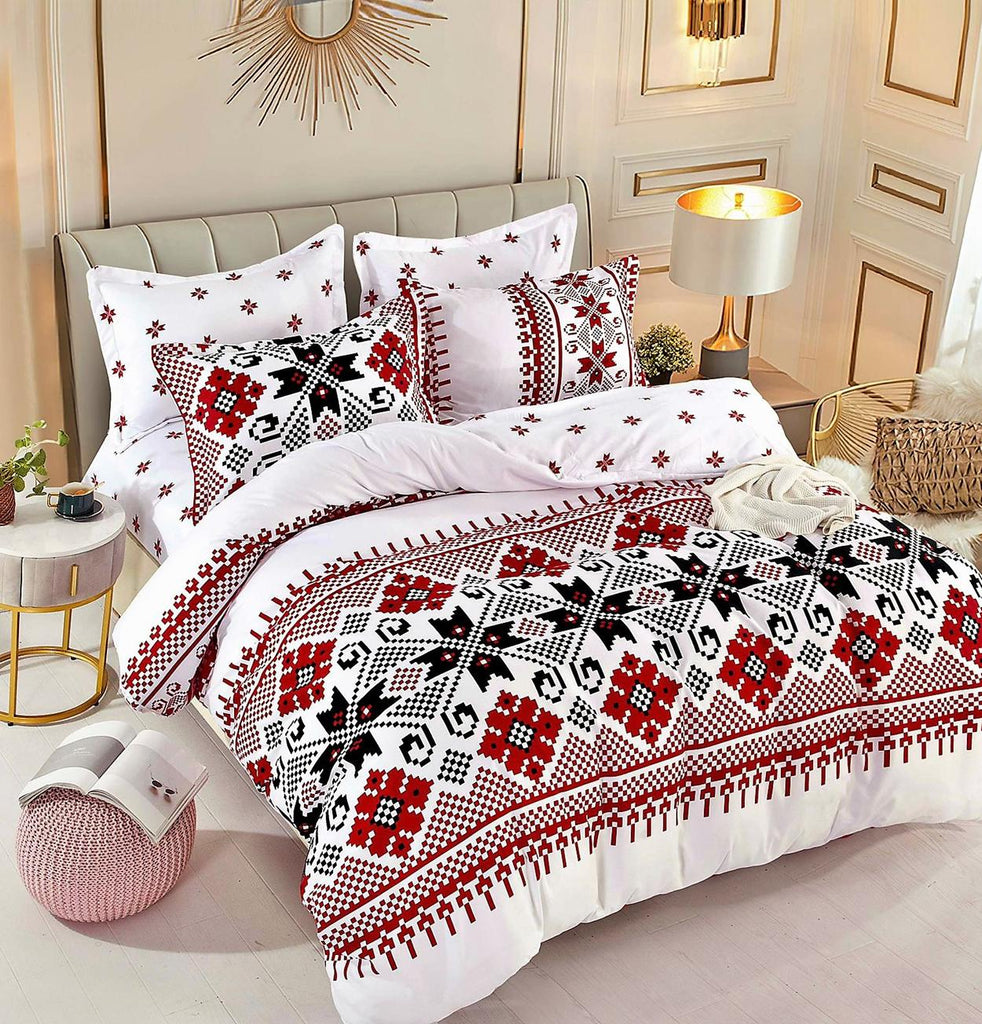 Lenjerii cu Elastic Bumbac Finet Albe Motive Traditionale Rosii BFEJ104
