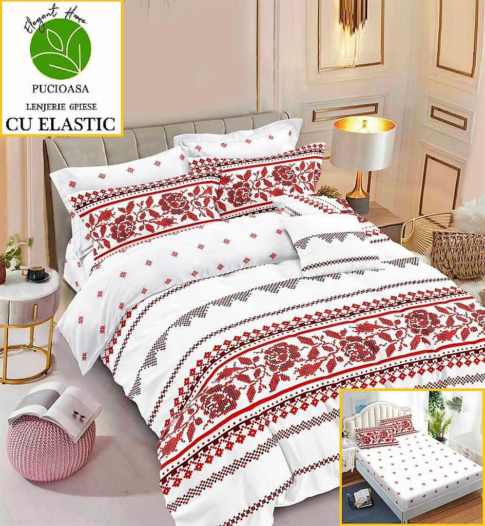 Lenjerii cu Elastic Finet Pucioasa Pat Dublu Albe Motive Etno Rosii BFE199