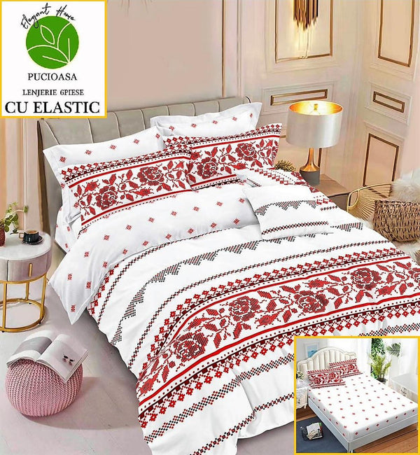 Lenjerii cu Elastic Finet Pucioasa Pat Dublu Albe Motive Etno Rosii BFE199