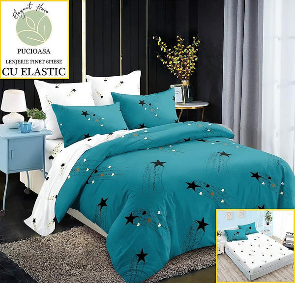 Lenjerii cu Elastic Finet Pucioasa Pat Dublu Albastre Stele BFE52
