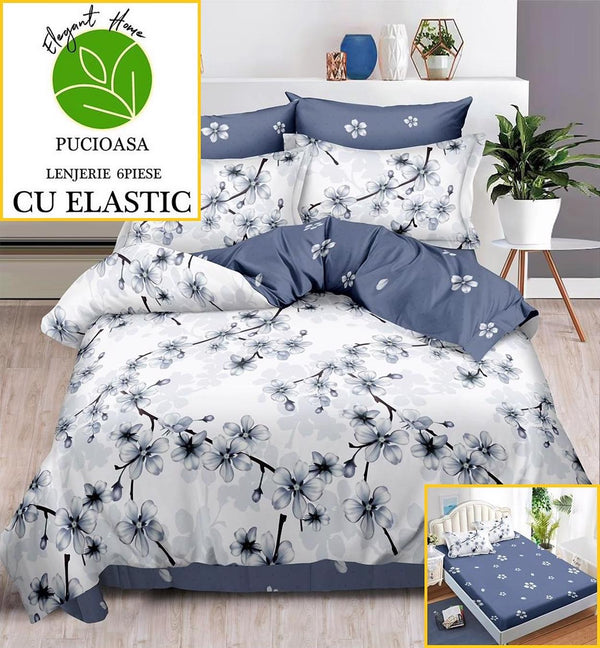 Lenjerii cu Elastic Finet Pucioasa Pat Dublu Albastru Floral BFE167