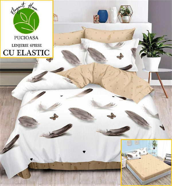 Lenjerii cu Elastic Finet Pucioasa Pat Dublu Albe Crem Pene BFE161