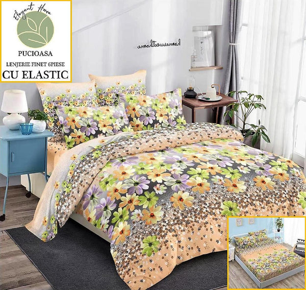 Lenjerii cu Elastic Finet Pucioasa Pat Dublu Bej Floral BFE62