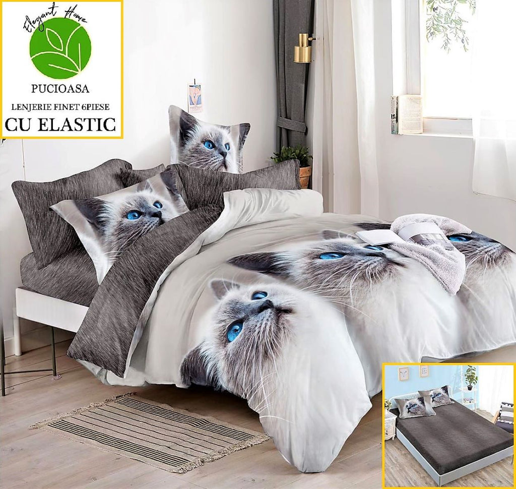 Lenjerii cu Elastic Finet Pucioasa Pat Dublu Gri Pisica BFE66