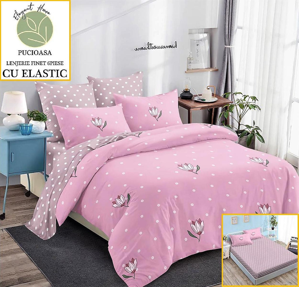 Lenjerii cu Elastic Finet Pucioasa Pat Dublu Roz Buline BFE76