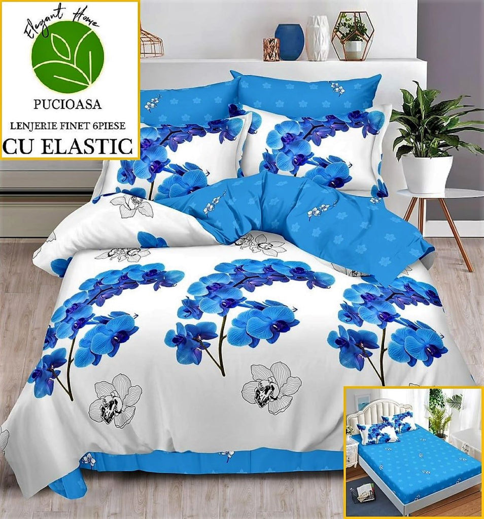 Lenjerii cu Elastic Finet Pucioasa Pat Dublu Alba Bleu Flori BFE140