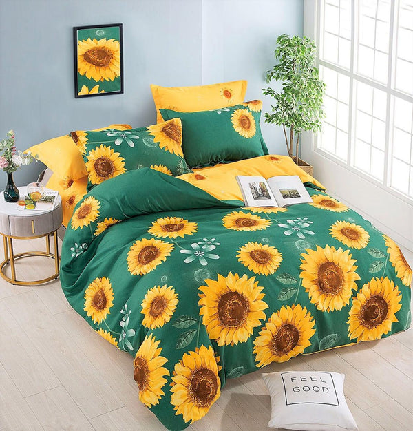 Lenjerie cu Elastic Bumbac Finet Verde Galben Flori BFEJ73