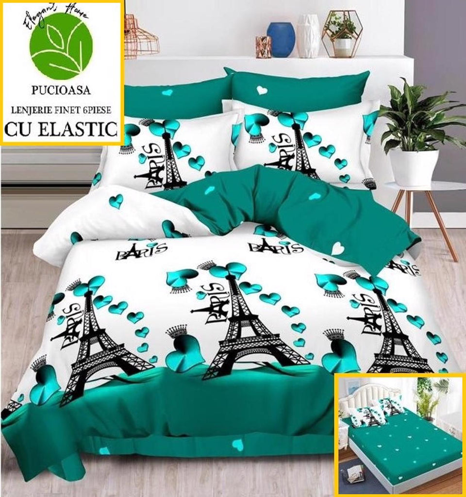 Lenjerii cu Elastic Finet Pucioasa Pat Dublu Inimioare pe Verde BFE115